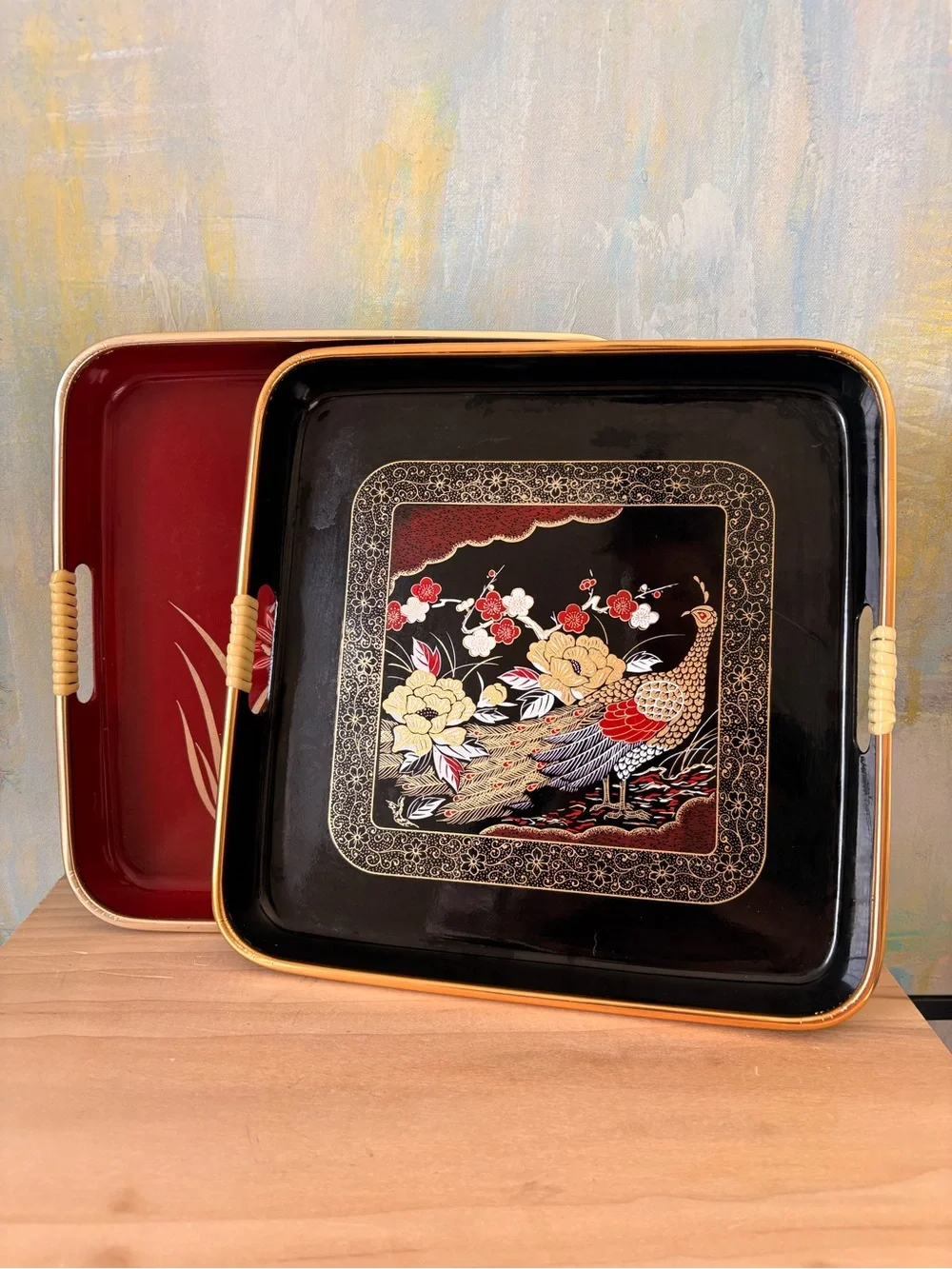 Vintage 1980s Lacquerware-Style Black and Red Floral Peacock Vanity Trays